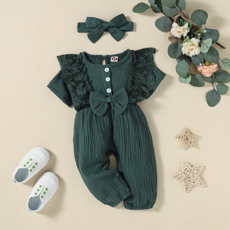 Lace Romper Factory - Short Sleeve Solid with Headband Set