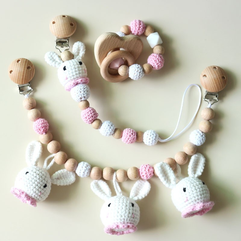 Baby Pacifier Clip Manufacturer - Crochet Bunny Wooden Rattle Set
