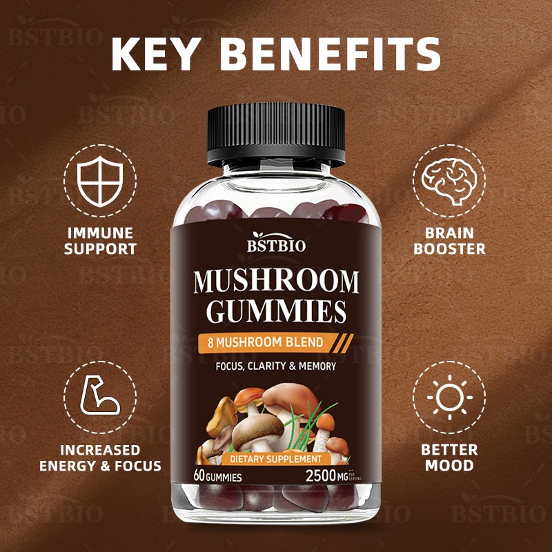 BSTBIO OEM Supplements Organic Reishi, Lions Mane Mushroom Powder 8 in 1 Mushroom Gummies