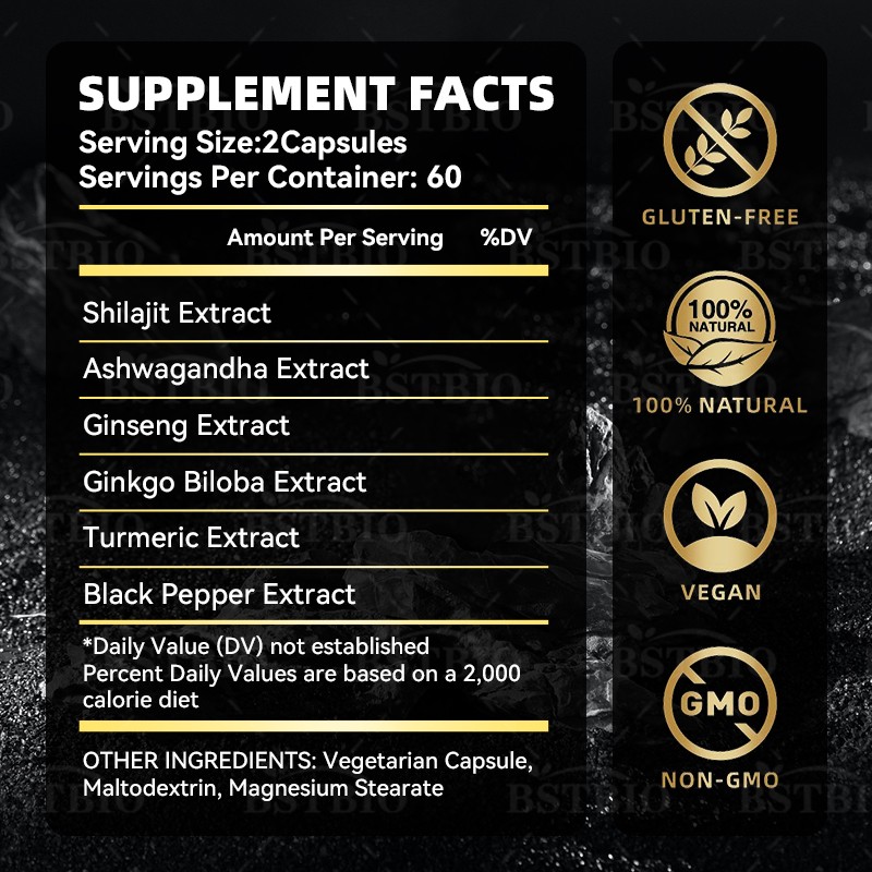 BSTBIO OEM Natural Himalayan Shilajit Resin Extract 120capsules/Bottle Shilajit Capsules