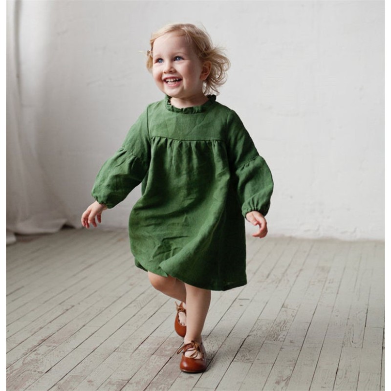 Girl Dress Supplier - Puff Sleeve Linen Cotton