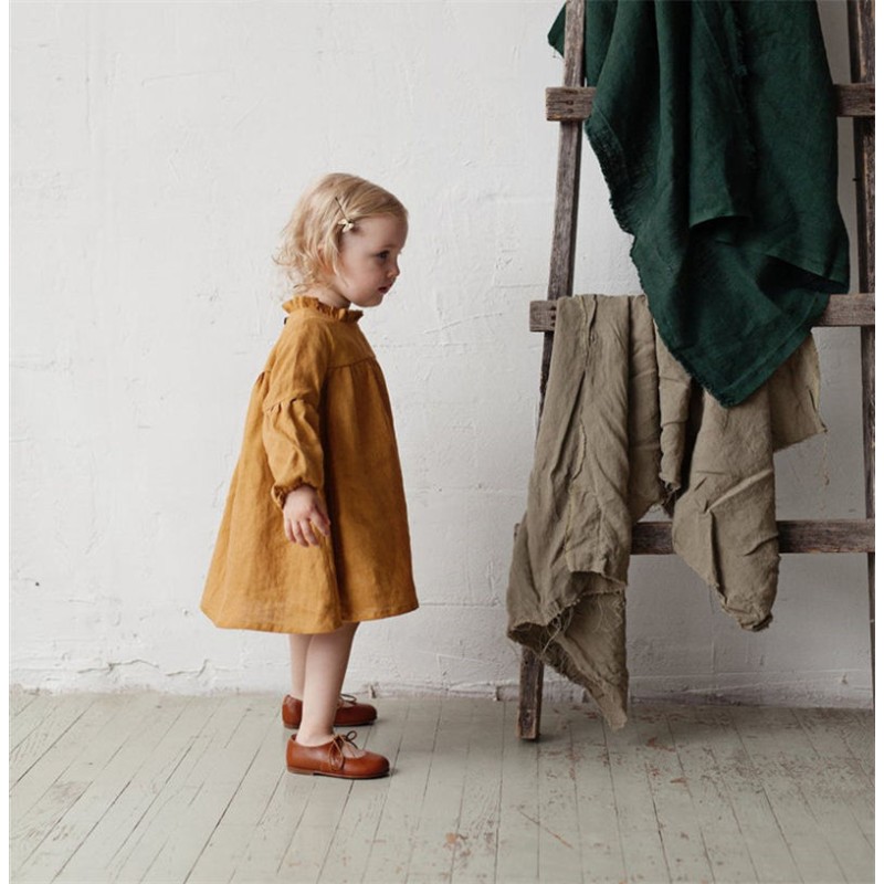 Girl Dress Supplier - Puff Sleeve Linen Cotton