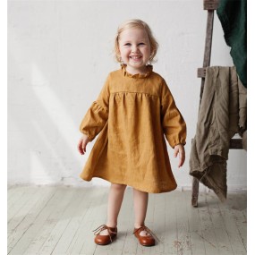 Girl Dress Supplier - Puff Sleeve Linen Cotton