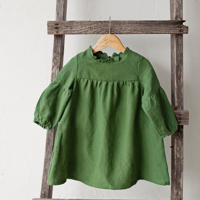 Girl Dress Supplier - Puff Sleeve Linen Cotton