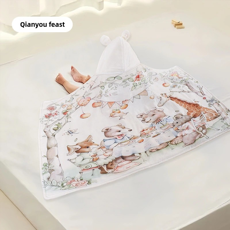 Children's Poncho Manufacturer - Printed Coral Velvet Rabbit Ear