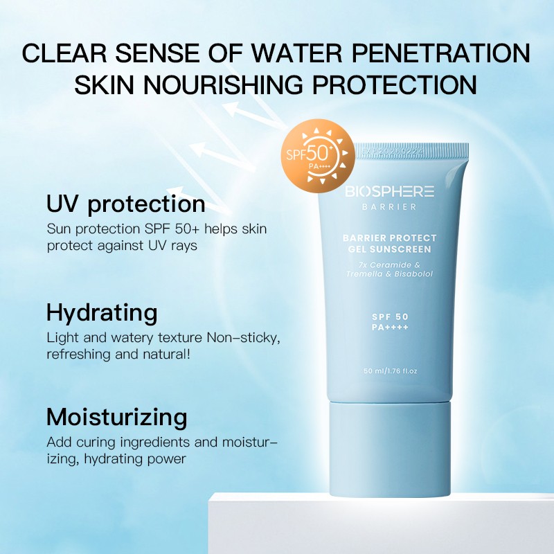 OEM Natural Face Skin Waterproof Anti-Sunblock Screen Cream 100% Vegan Barrier Protect Gel Sunscreen for Oily Skin SPF 50