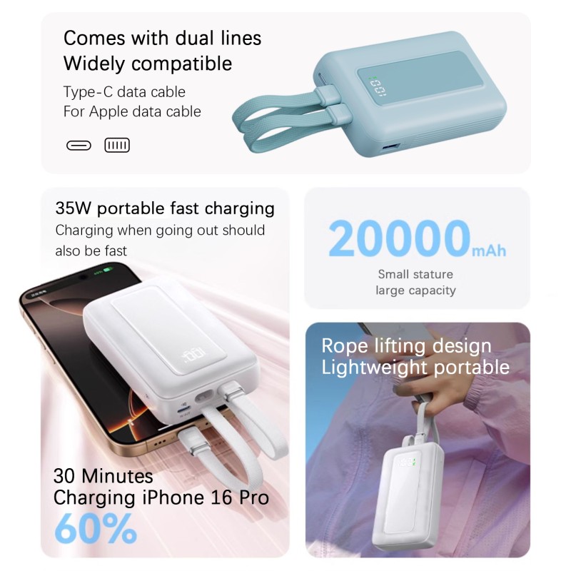 Power Bank Supplier - OEM 2-in-1 Built-in Cable PD22.5W Charger