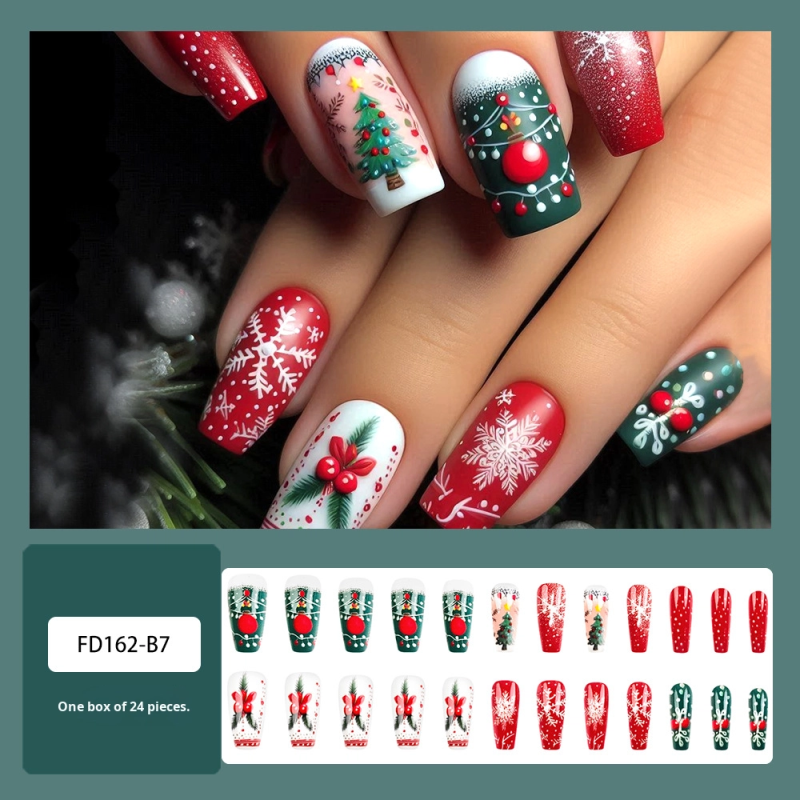 24pcs Christmas Themed Nail Art Stickers Snowflake Christmas Tree Wearable Nail Tips for Fingers