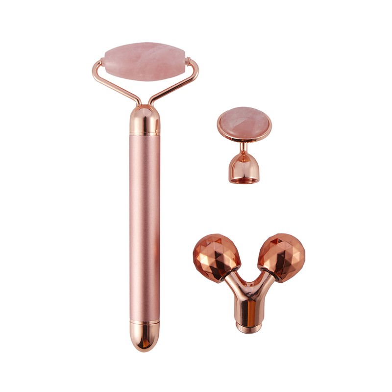 3 in 1 Electric Vibrating Jade Facial Stone Roller Set with 3 Replaceable Heads Rose Quartz Jade Face Lifting Massager Stick