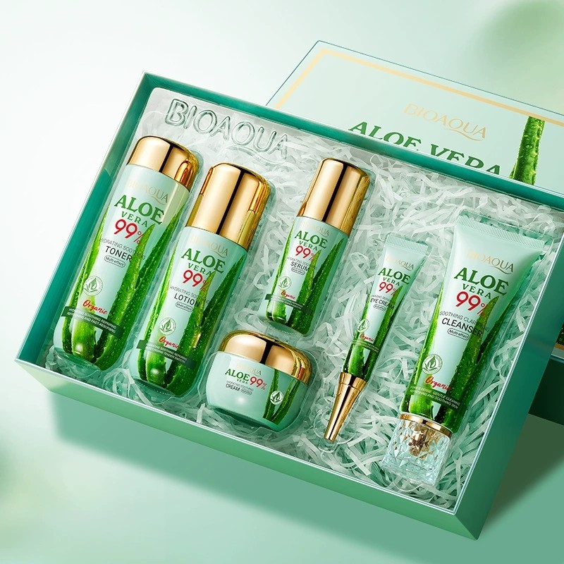BIOAOUA Aloe Vera Soothing Moisturizing Six Piece Set Hydrating Soothing Face Cream Cleanser Toner Serum Eye Cream Kit