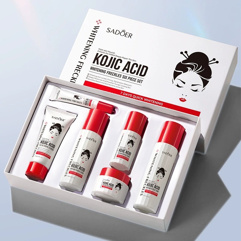Sadoer Kojic Acid Skin Care Set Brightening Dark Circles Fading Face Cleanser Toner Lotion Serum Cream Freckles Six Piece Set