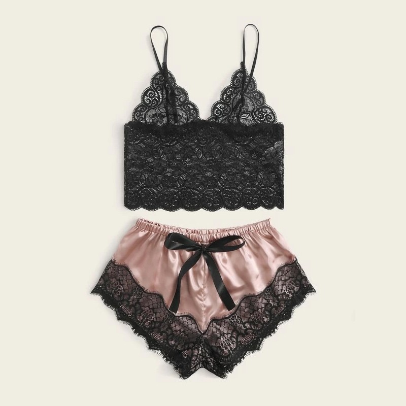 Wholesale Sexy Lace Sleepwear Set Short Breathable Satin Pajama Set 5colors Hollow Out Lace Night Wear Set Erotic Lingerie