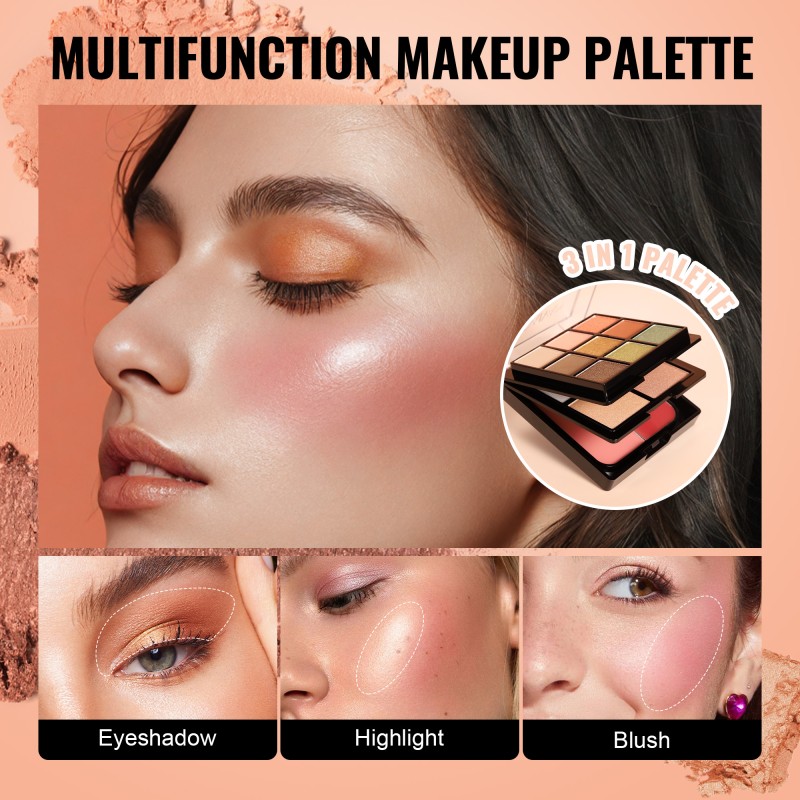 HANDAIYAN Glow Go Stack 3 in 1 Eyeshadow Highlight Disc Blusher Matte Shimery Multifunction Makeup Palette Cosmetic Case
