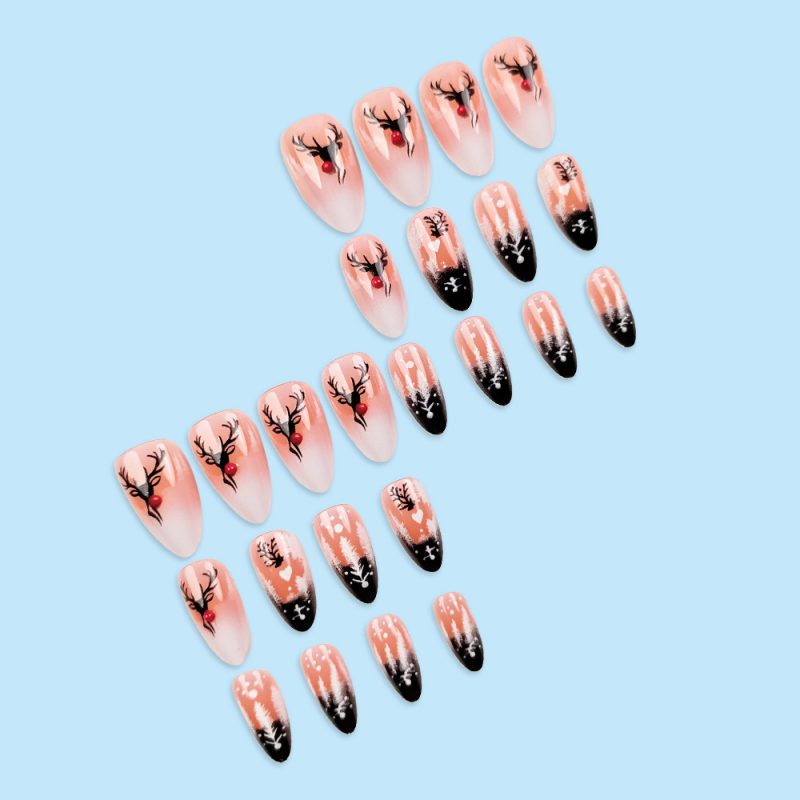 Christmas Elk Themed Almond Shape French Press on Nail Stickers Short Nails Tips Rhinestone Pattern