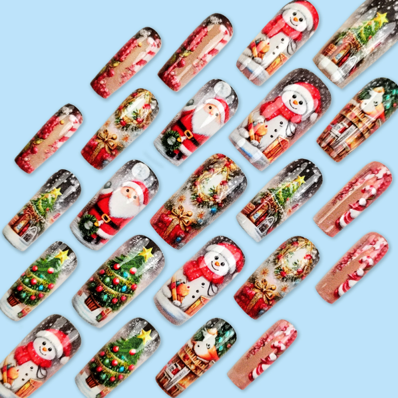 24pcs Cozy Christmas Wearable Finger Nails Set Embossed Nail Tips Snowman Wooden House Fake Nail Dropshipping