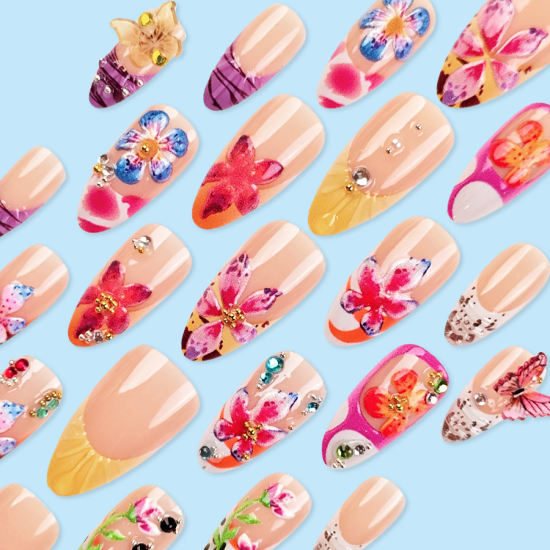 24pcs Almond French Nail Art Stickers Hot-Selling Embossed Diamond Flower Butterfly Design Dance Wearable Nails Tips Pieces