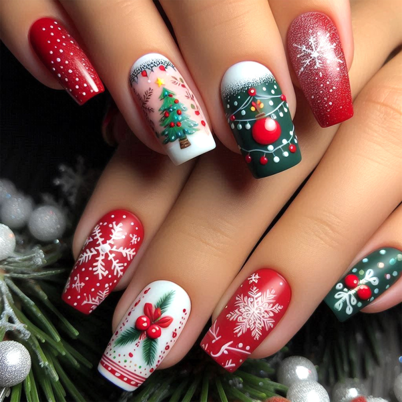 24pcs Christmas Themed Nail Art Stickers Snowflake Christmas Tree Wearable Nail Tips for Fingers