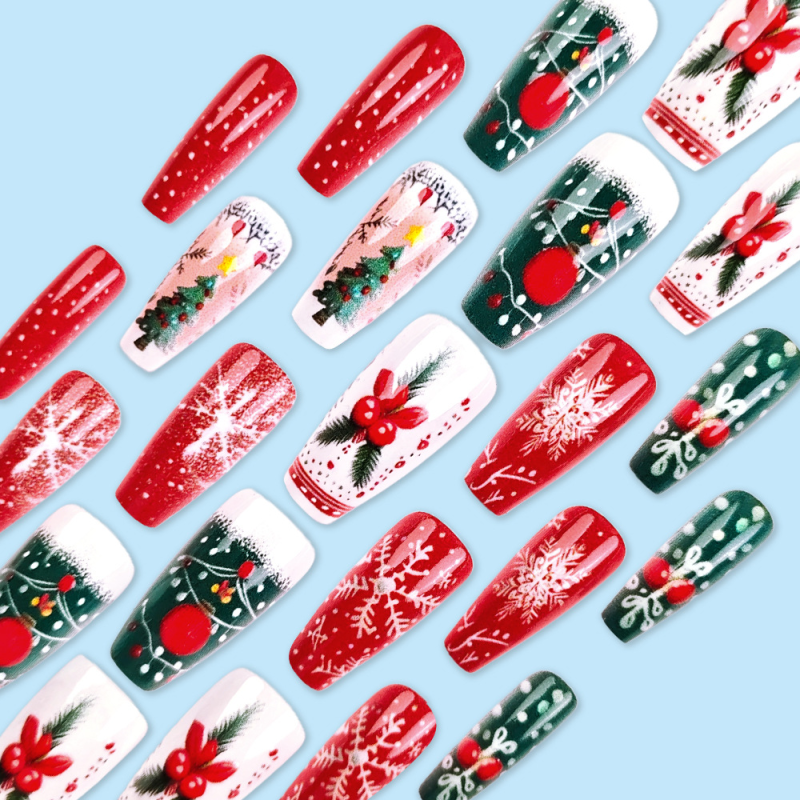 24pcs Christmas Themed Nail Art Stickers Snowflake Christmas Tree Wearable Nail Tips for Fingers