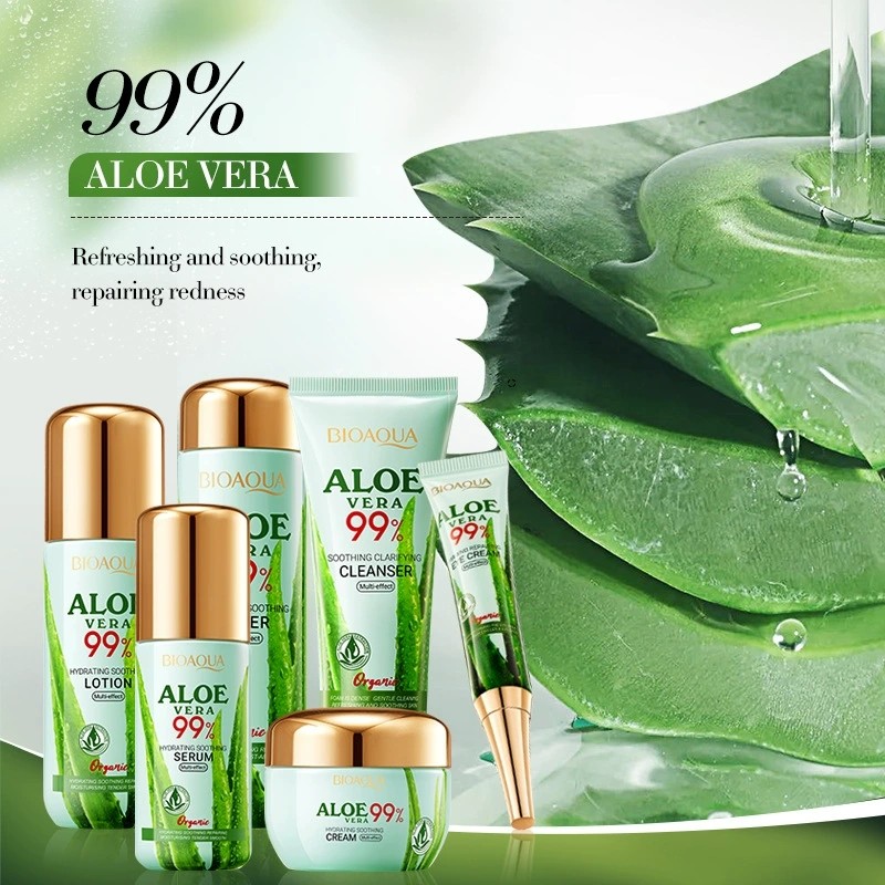 BIOAOUA Aloe Vera Soothing Moisturizing Six Piece Set Hydrating Soothing Face Cream Cleanser Toner Serum Eye Cream Kit