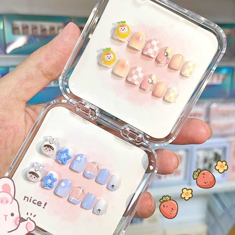 Cute Cartoon Children Nail Stickers Wearable Fake Nails Tips Finger Application Accessory Handmade Wearable Nails