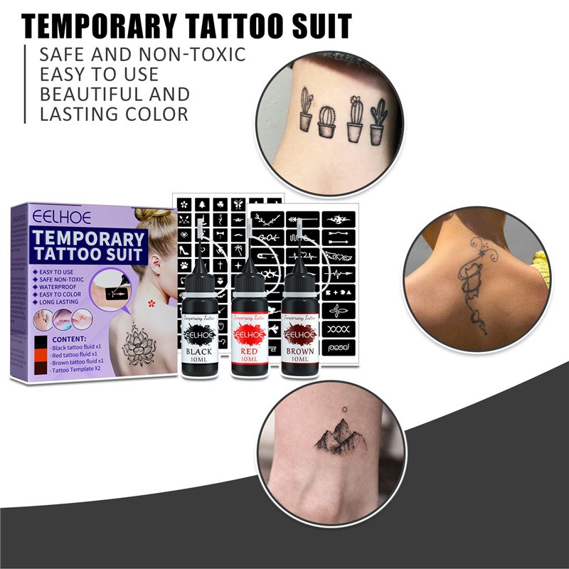 EELHOE 5pcs Juice Tattoo Liquid Set Black Red Brown Tattoo Fluid Waterproof Temporary Tattoo Suit with Hollow Pattern Template