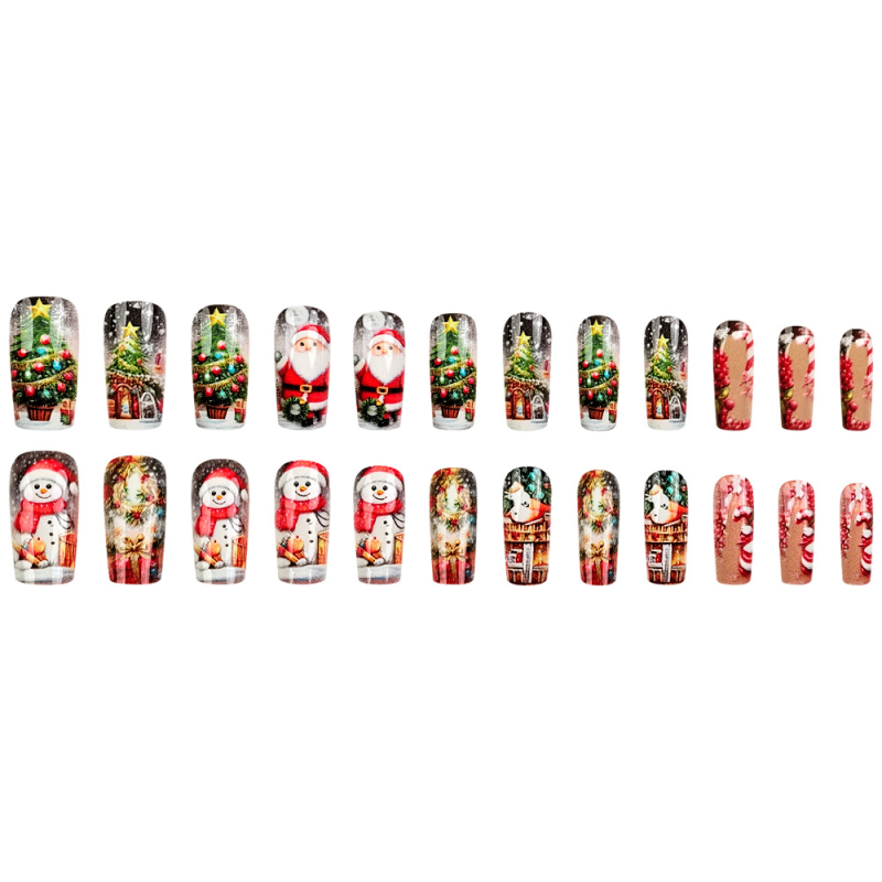 24pcs Cozy Christmas Wearable Finger Nails Set Embossed Nail Tips Snowman Wooden House Fake Nail Dropshipping