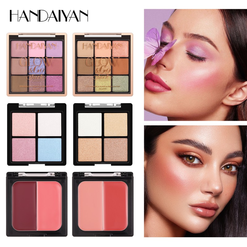 HANDAIYAN Glow Go Stack 3 in 1 Eyeshadow Highlight Disc Blusher Matte Shimery Multifunction Makeup Palette Cosmetic Case