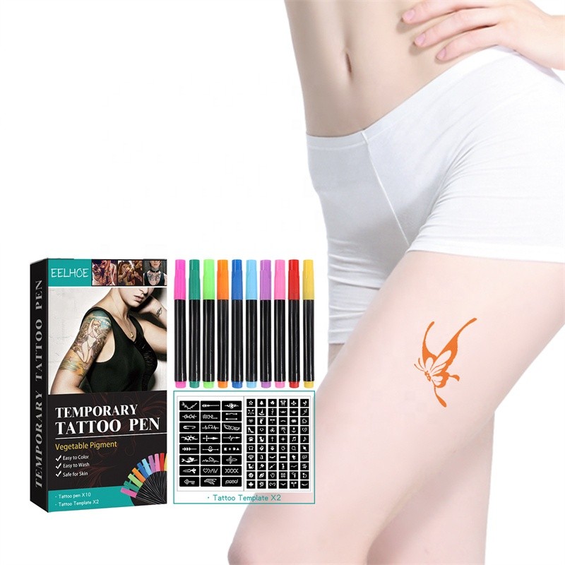 EELHOE Adults Children Universal Vegetable Pigment Temporary Tattoo Pen Kit 10pcs Tattoo Pens 2pcs Tattoo Templates Set
