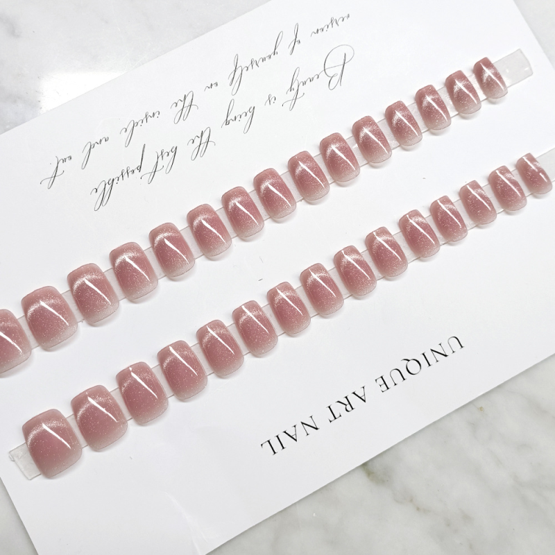 Pink Smile Cat Eye Short Nail Stickers 30PCS Blush Wearable Nail Decals for Fingers Brightening Crystal Nails Pieces