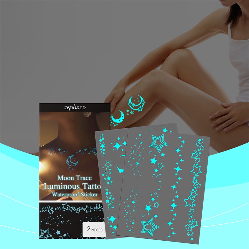 Zephoco 2pcs Unique Blue Light Night Glow Effect Stunning Makeup Hiding Body Moon Trace Luminous Tattoo Waterproof Sticker