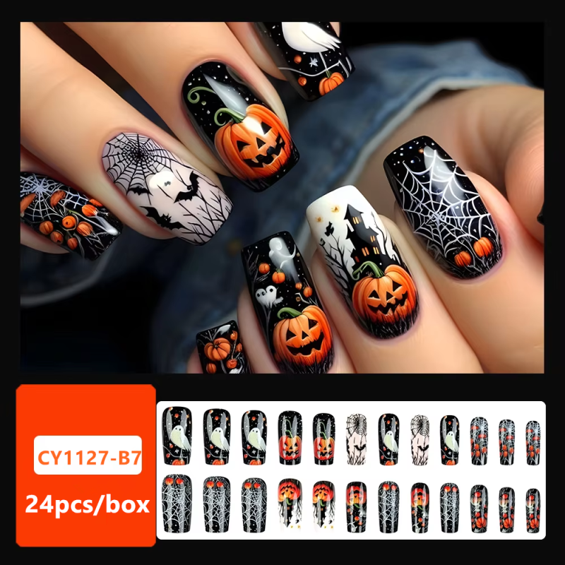 Halloween High-End Nail Art Pieces Pumpkin Lantern Ghost Nail Stickers Hot Selling Spider Web French French Onlays for Fingers