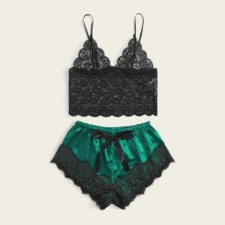 Wholesale Sexy Lace Sleepwear Set Short Breathable Satin Pajama Set 5colors Hollow Out Lace Night Wear Set Erotic Lingerie