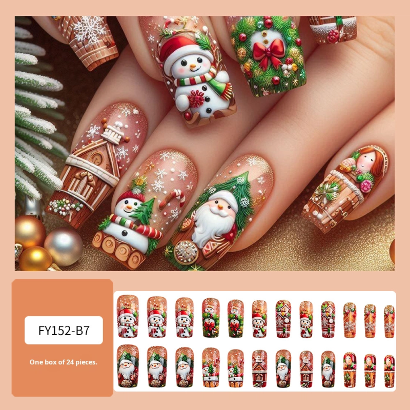 24pcs 3D Christmas Theme Embossed Snowman Nail Designs Art Decoration Wearable Fake Nail Stickers Christmas Nail Pieces