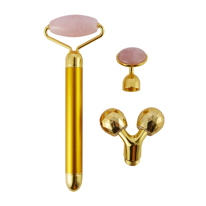 3 in 1 Electric Vibrating Jade Facial Stone Roller Set with 3 Replaceable Heads Rose Quartz Jade Face Lifting Massager Stick