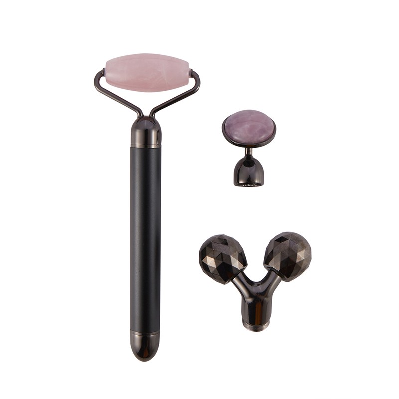 3 in 1 Electric Vibrating Jade Facial Stone Roller Set with 3 Replaceable Heads Rose Quartz Jade Face Lifting Massager Stick