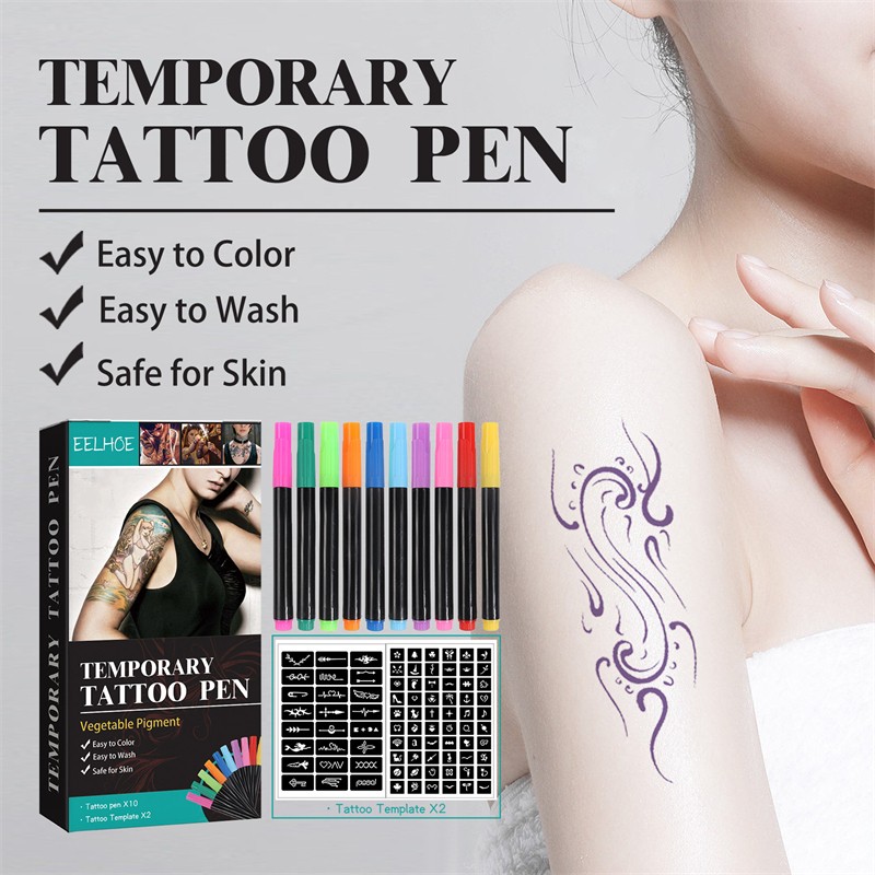 EELHOE Adults Children Universal Vegetable Pigment Temporary Tattoo Pen Kit 10pcs Tattoo Pens 2pcs Tattoo Templates Set