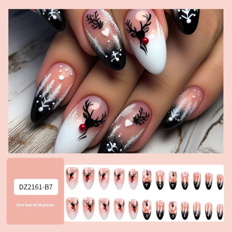 Christmas Elk Themed Almond Shape French Press on Nail Stickers Short Nails Tips Rhinestone Pattern