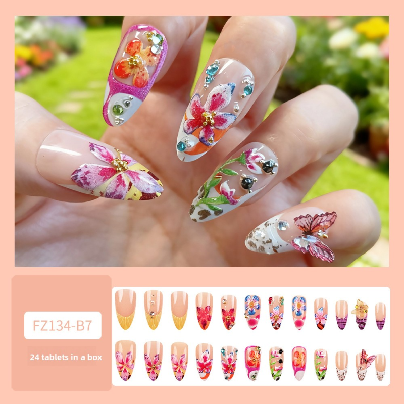 24pcs Almond French Nail Art Stickers Hot-Selling Embossed Diamond Flower Butterfly Design Dance Wearable Nails Tips Pieces