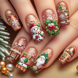 24pcs 3D Christmas Theme Embossed Snowman Nail Designs Art Decoration Wearable Fake Nail Stickers Christmas Nail Pieces