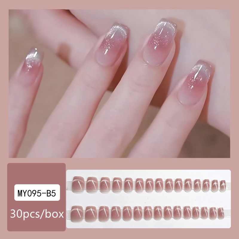 Pink Smile Cat Eye Short Nail Stickers 30PCS Blush Wearable Nail Decals for Fingers Brightening Crystal Nails Pieces
