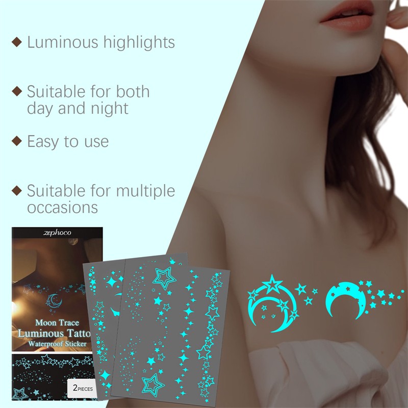 Zephoco 2pcs Unique Blue Light Night Glow Effect Stunning Makeup Hiding Body Moon Trace Luminous Tattoo Waterproof Sticker
