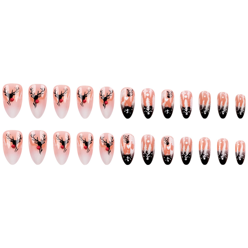 Christmas Elk Themed Almond Shape French Press on Nail Stickers Short Nails Tips Rhinestone Pattern