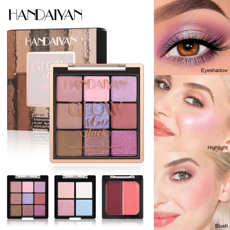 HANDAIYAN Glow Go Stack 3 in 1 Eyeshadow Highlight Disc Blusher Matte Shimery Multifunction Makeup Palette Cosmetic Case