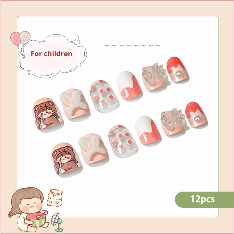 Cute Cartoon Children Nail Stickers Wearable Fake Nails Tips Finger Application Accessory Handmade Wearable Nails