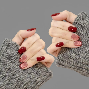 10PCS Cherry Red PMMA Nail Art Tips Simple Polka Dot Design Handmade Cat Eye Wearable Nails for Fingers