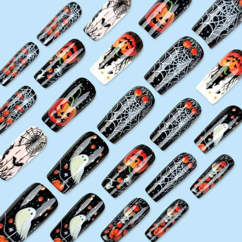Halloween High-End Nail Art Pieces Pumpkin Lantern Ghost Nail Stickers Hot Selling Spider Web French French Onlays for Fingers