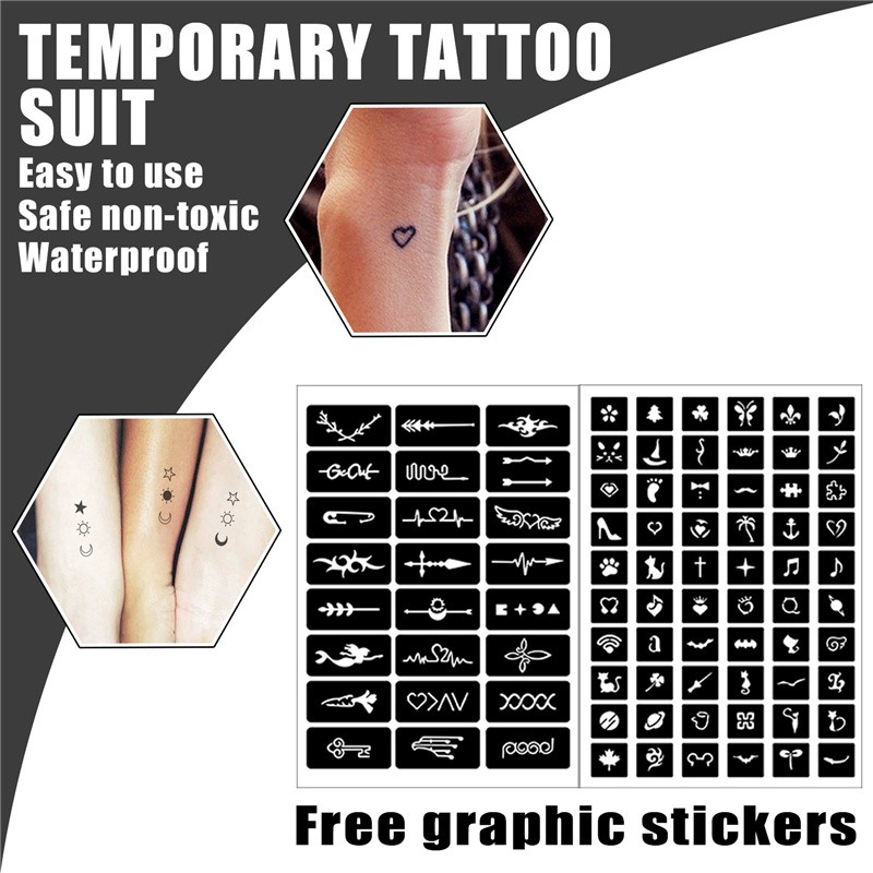EELHOE 5pcs Juice Tattoo Liquid Set Black Red Brown Tattoo Fluid Waterproof Temporary Tattoo Suit with Hollow Pattern Template