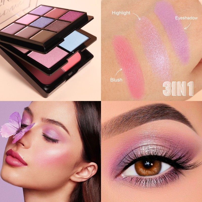 HANDAIYAN Glow Go Stack 3 in 1 Eyeshadow Highlight Disc Blusher Matte Shimery Multifunction Makeup Palette Cosmetic Case