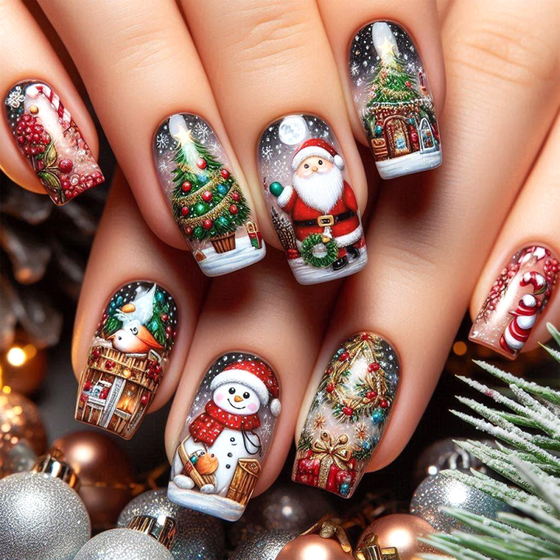 24pcs Cozy Christmas Wearable Finger Nails Set Embossed Nail Tips Snowman Wooden House Fake Nail Dropshipping