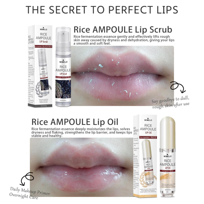Moisturizing Liquid Lip Essence with Exfoliating Black Rice Ampoule Lip Scrub Soft Cream Rice Lip Oil
